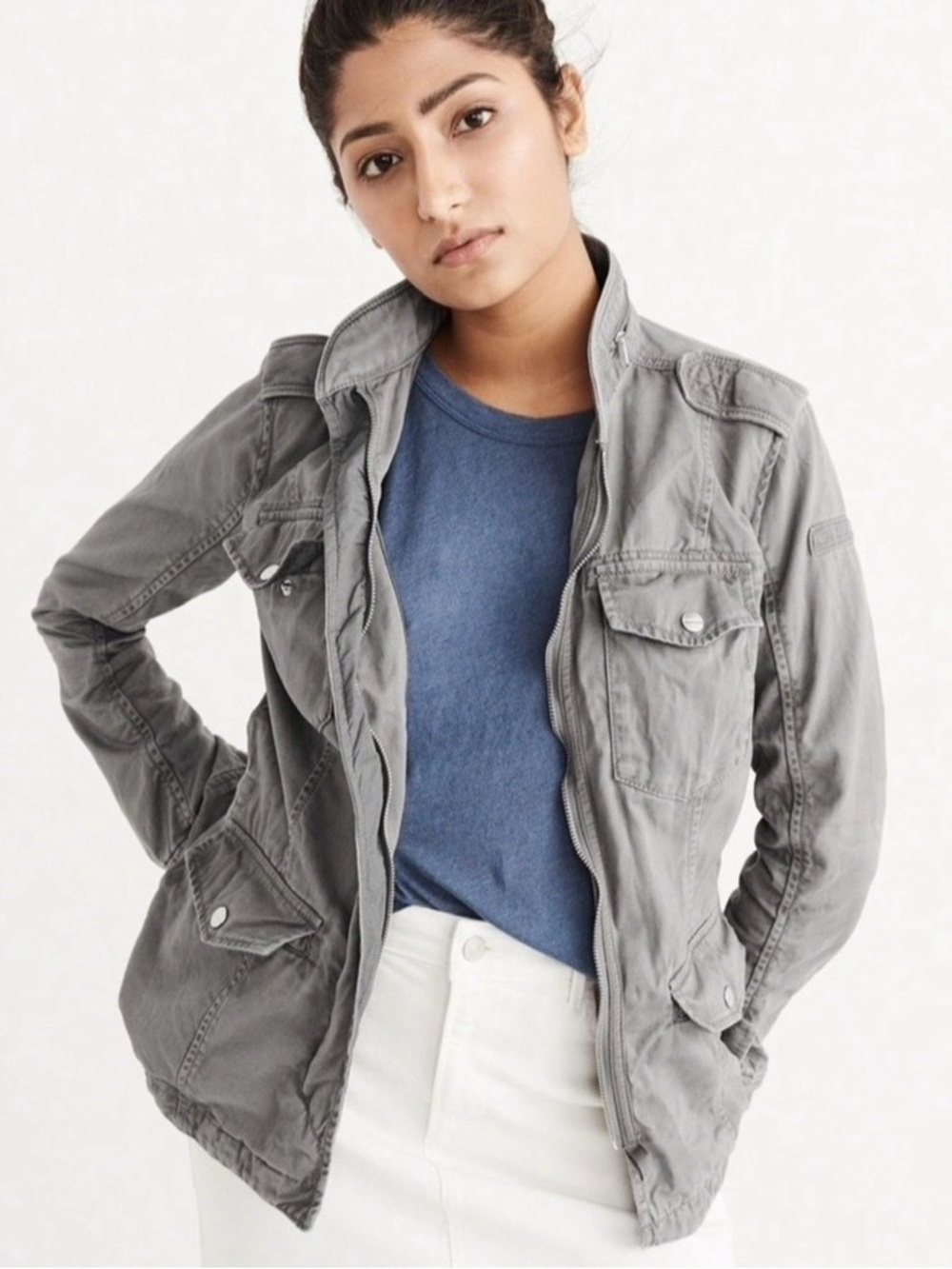 Abercrombie & Fitch Elephant Gray Zip Front Pocket Military Utility Jacket Large